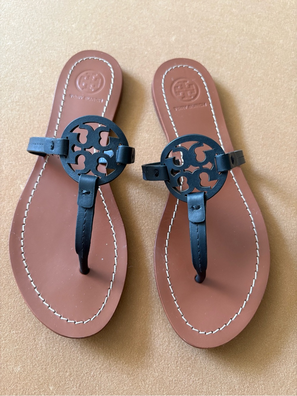 Tory Burch Black Logo Leather Thong Sandals with Brown Footbed